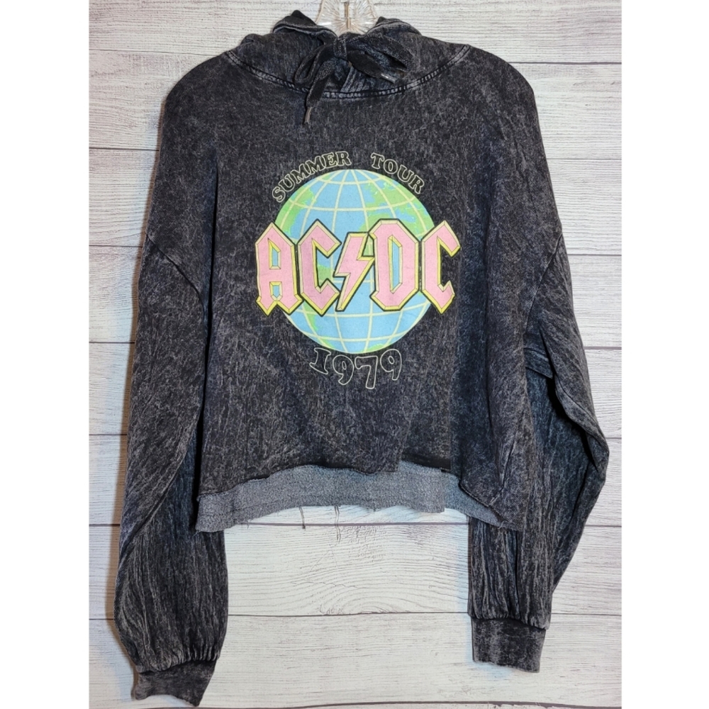 AC/DC Summer Tour 1979 Women's Hoodie Black Graphic Acid Wash Size XL Grunge